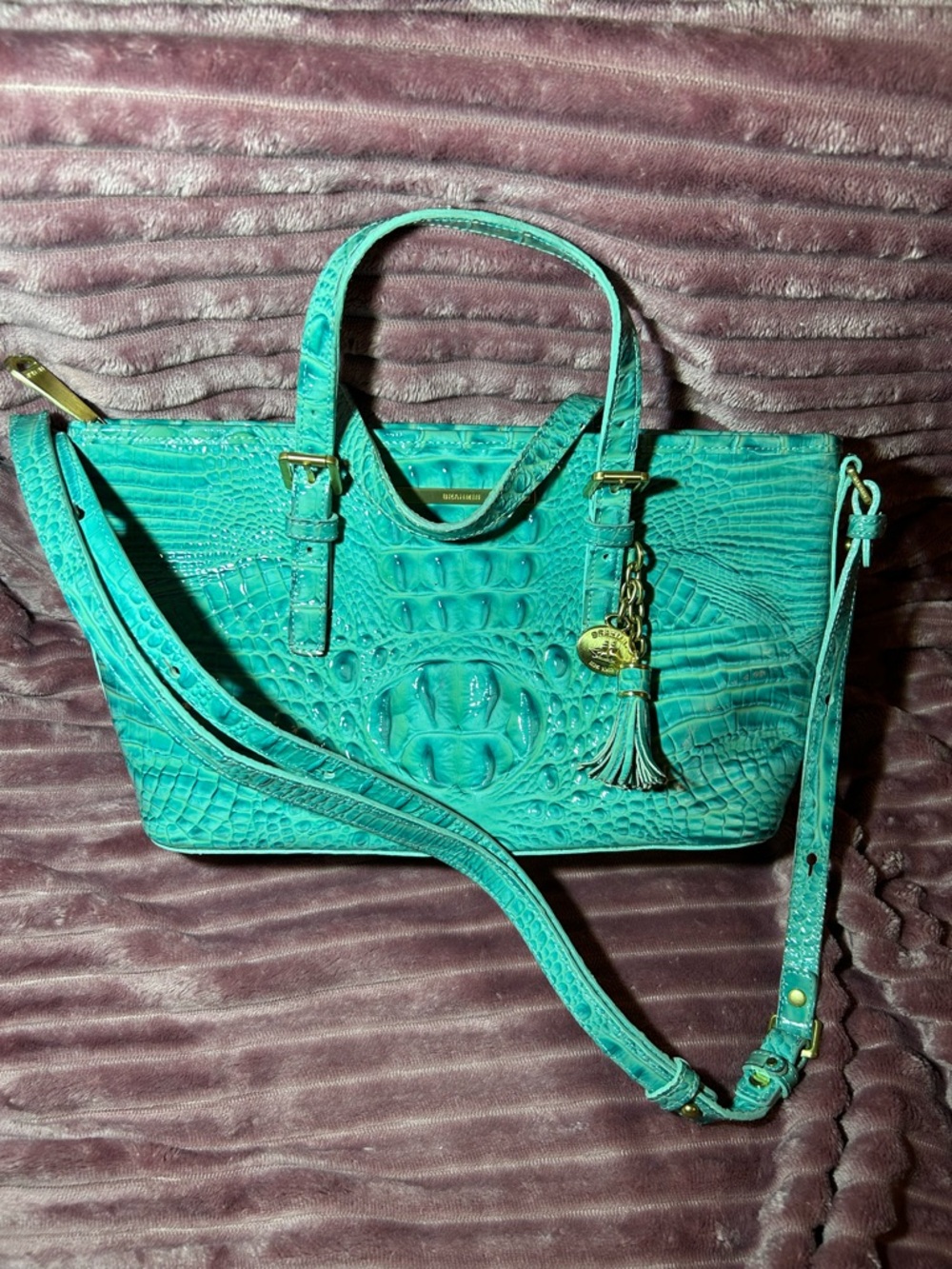 Brahmin Teal Croc-Embossed Satchel with Tassel Charm